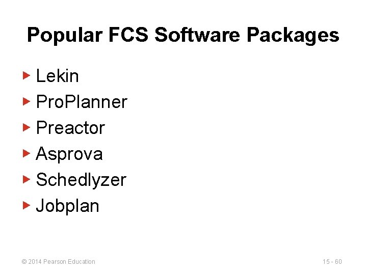 Popular FCS Software Packages ▶ Lekin ▶ Pro. Planner ▶ Preactor ▶ Asprova ▶