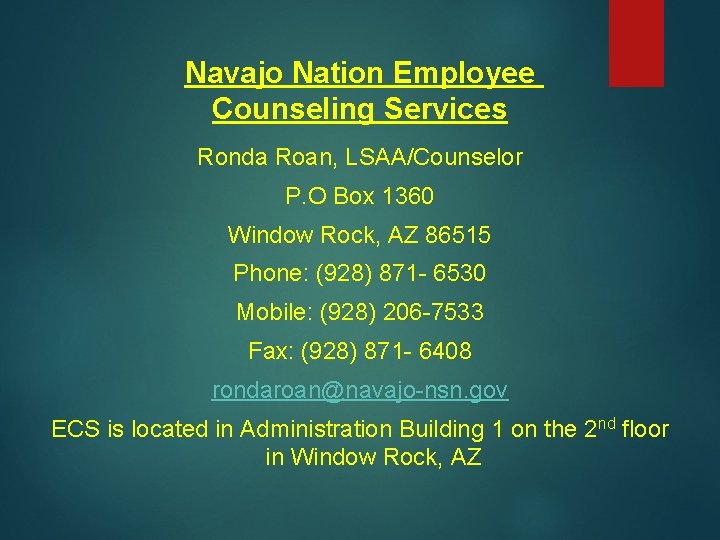 Navajo Nation Employee Counseling Services Ronda Roan, LSAA/Counselor P. O Box 1360 Window Rock,