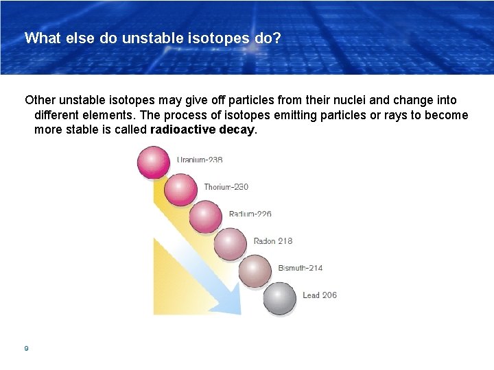 What else do unstable isotopes do? Other unstable isotopes may give off particles from