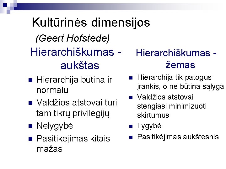 Kultūrinės dimensijos (Geert Hofstede) Hierarchiškumas aukštas n n Hierarchija būtina ir normalu Valdžios atstovai