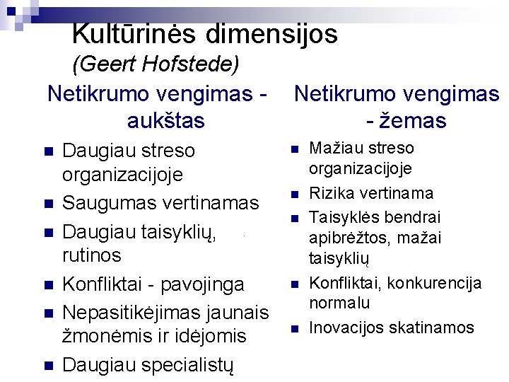 Kultūrinės dimensijos (Geert Hofstede) Netikrumo vengimas aukštas n n n Daugiau streso organizacijoje Saugumas