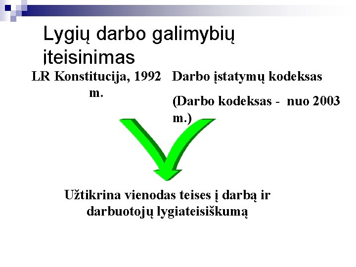 Lygių darbo galimybių įteisinimas LR Konstitucija, 1992 Darbo įstatymų kodeksas m. (Darbo kodeksas -