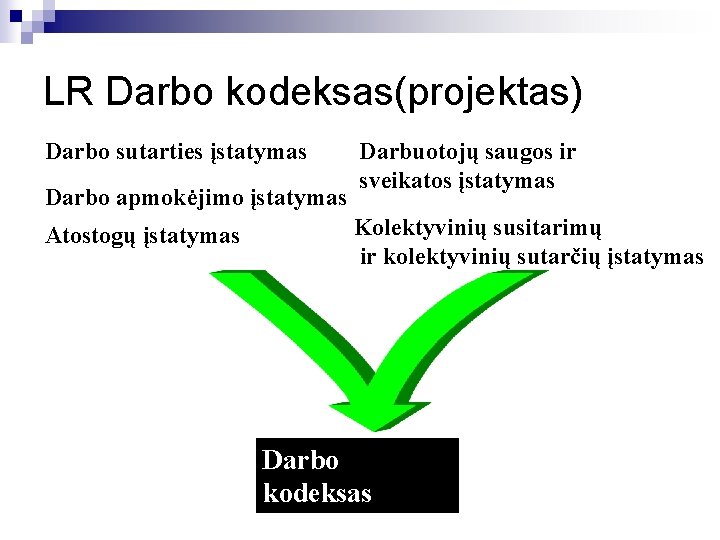 LR Darbo kodeksas(projektas) Darbo sutarties įstatymas Darbo apmokėjimo įstatymas Atostogų įstatymas Darbuotojų saugos ir