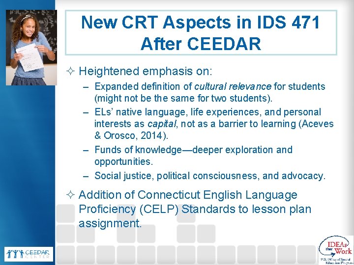 New CRT Aspects in IDS 471 After CEEDAR ² Heightened emphasis on: – Expanded