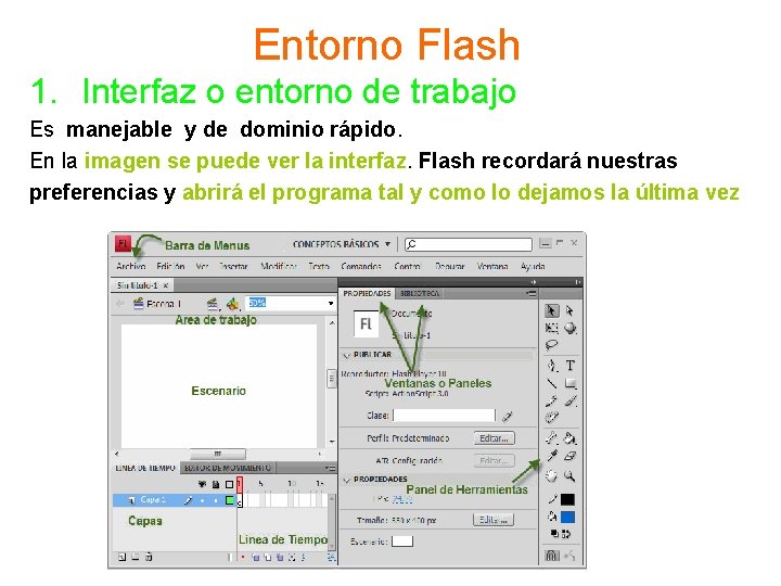 Entorno Flash 1. Interfaz o entorno de trabajo Es manejable y de dominio rápido.