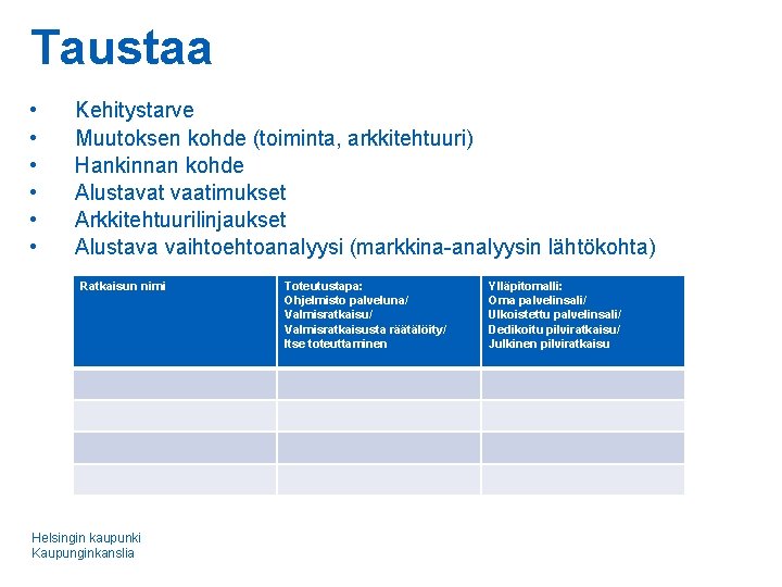 Taustaa • • • Kehitystarve Muutoksen kohde (toiminta, arkkitehtuuri) Hankinnan kohde Alustavat vaatimukset Arkkitehtuurilinjaukset