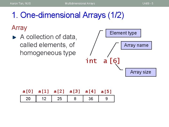 Aaron Tan, NUS Multidimensional Arrays Unit 9 - 5 1. One-dimensional Arrays (1/2) Array