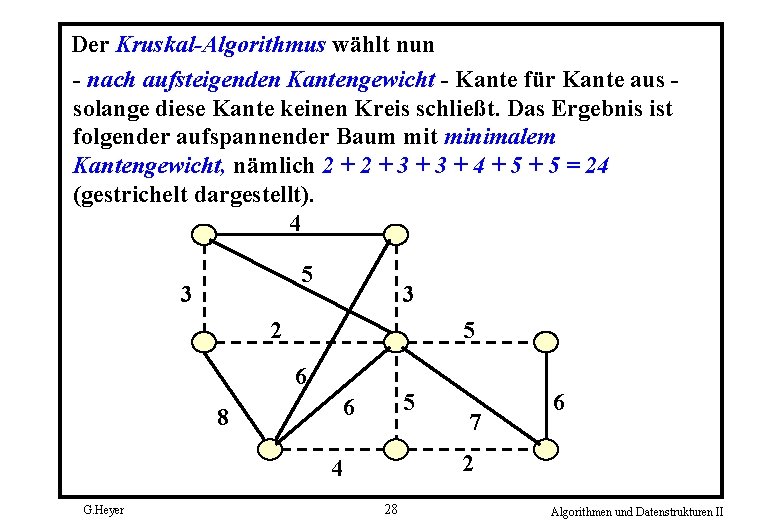 Der Kruskal-Algorithmus wählt nun nach aufsteigenden Kantengewicht Kante für Kante aus solange diese Kante