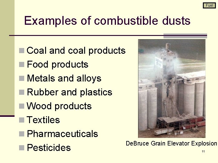Fuel Examples of combustible dusts n Coal and coal products n Food products n