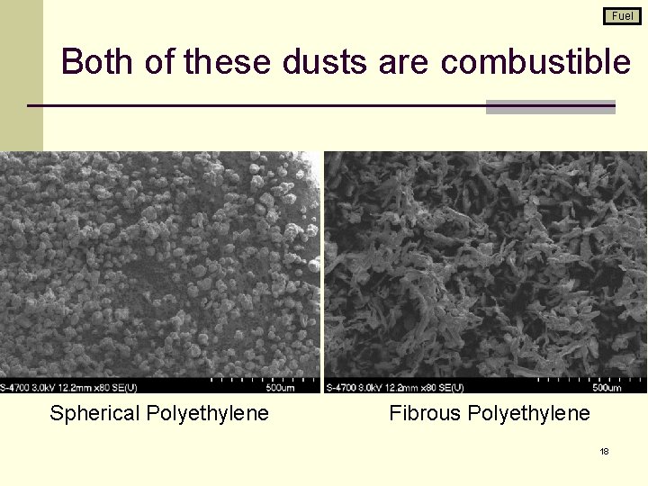 Fuel Both of these dusts are combustible Spherical Polyethylene Fibrous Polyethylene 18 