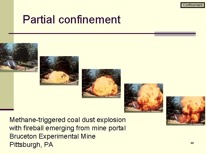 Confinement Partial confinement Methane-triggered coal dust explosion with fireball emerging from mine portal Bruceton