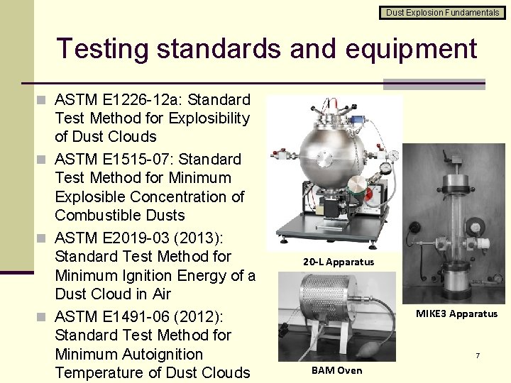 Dust Explosion Fundamentals Testing standards and equipment n ASTM E 1226 -12 a: Standard