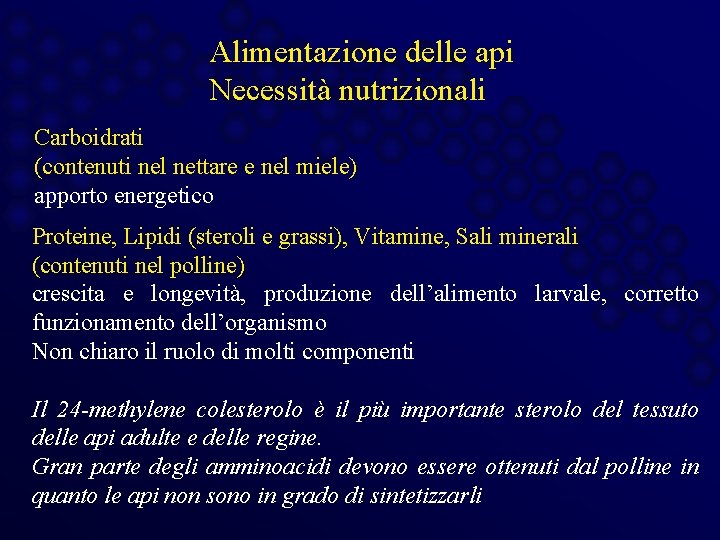 Alimentazione delle api Necessità nutrizionali Carboidrati (contenuti nel nettare e nel miele) apporto energetico