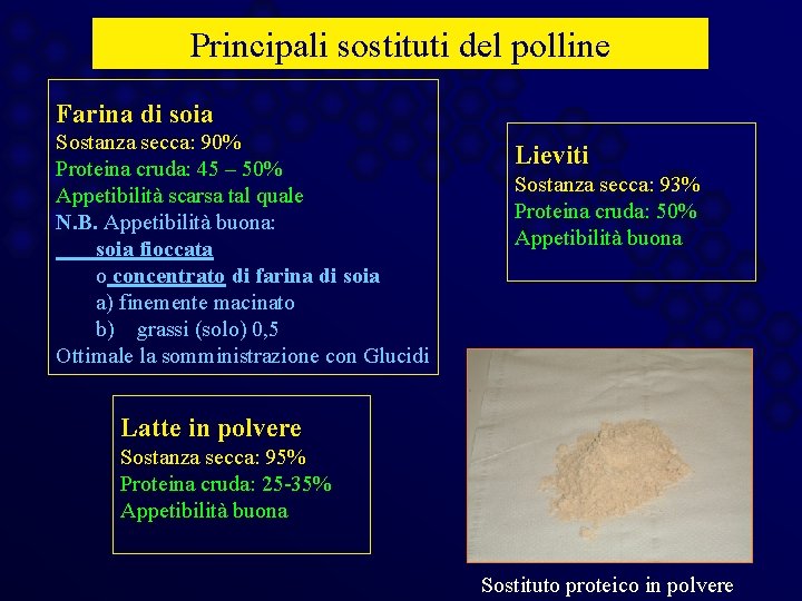 Principali sostituti del polline Farina di soia Sostanza secca: 90% Proteina cruda: 45 –