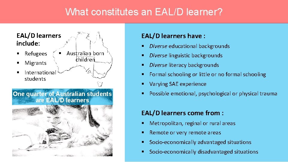 What constitutes an EAL/D learner? ccccccccccccccc EAL/D learners include: § Refugees § Migrants §