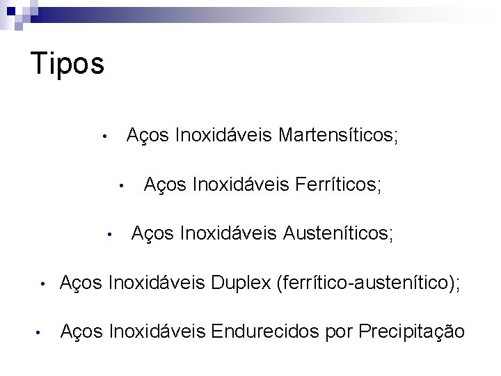 Tipos Aços Inoxidáveis Martensíticos; • • • Aços Inoxidáveis Ferríticos; Aços Inoxidáveis Austeníticos; Aços