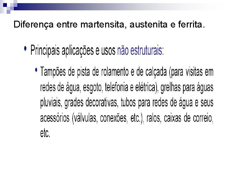 Diferença entre martensita, austenita e ferrita. 