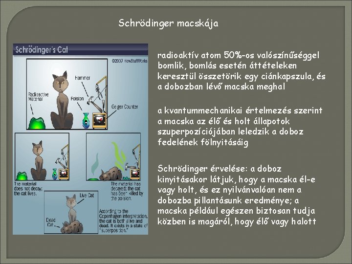 Schrödinger macskája radioaktív atom 50%-os valószínűséggel bomlik, bomlás esetén áttételeken keresztül összetörik egy ciánkapszula,