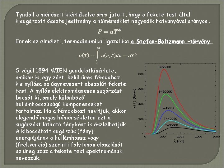 Tyndall a méréseit kiértékelve arra jutott, hogy a fekete test által kisugárzott összteljesítmény a