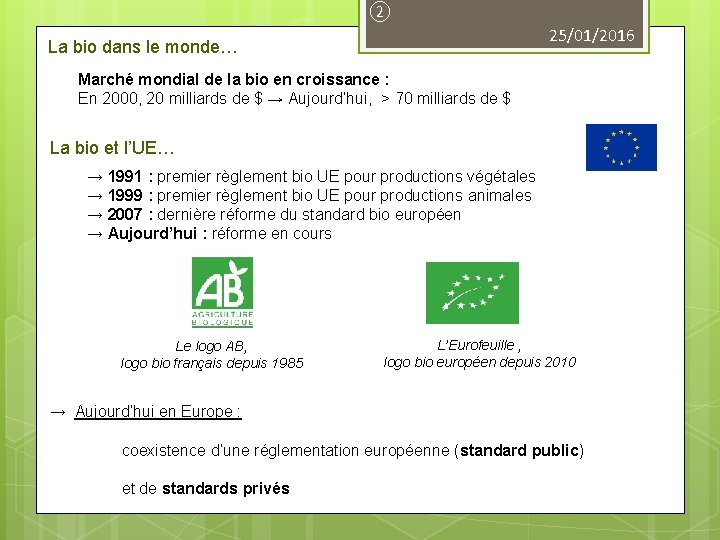 ② 25/01/2016 La bio dans le monde… Marché mondial de la bio en croissance