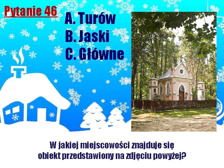 Pytanie 46 A. Turów B. Jaski C. Główne W jakiej miejscowości znajduje się obiekt