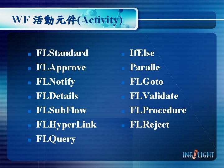 WF 活動元件(Activity) n n n n FLStandard FLApprove FLNotify FLDetails FLSub. Flow FLHyper. Link