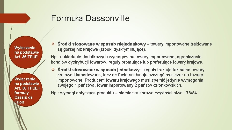 Formuła Dassonville Wyłączenie na podstawie Art. 36 TFUE i formuły Cassis de Dijon Środki