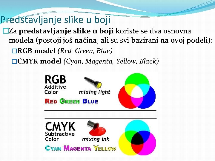 Predstavljanje slike u boji �Za predstavljanje slike u boji koriste se dva osnovna modela