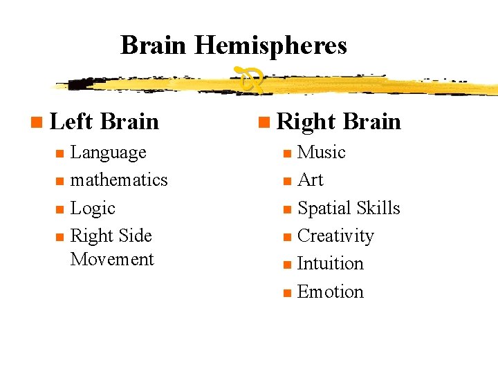 Brain Hemispheres n Left n n Brain Language mathematics Logic Right Side Movement n