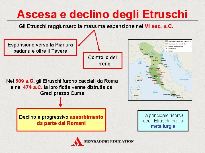 Ascesa e declino degli Etruschi Gli Etruschi raggiunsero la massima espansione nel VI sec.