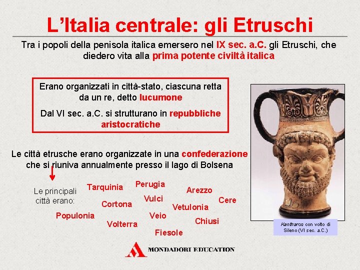 L’Italia centrale: gli Etruschi Tra i popoli della penisola italica emersero nel IX sec.