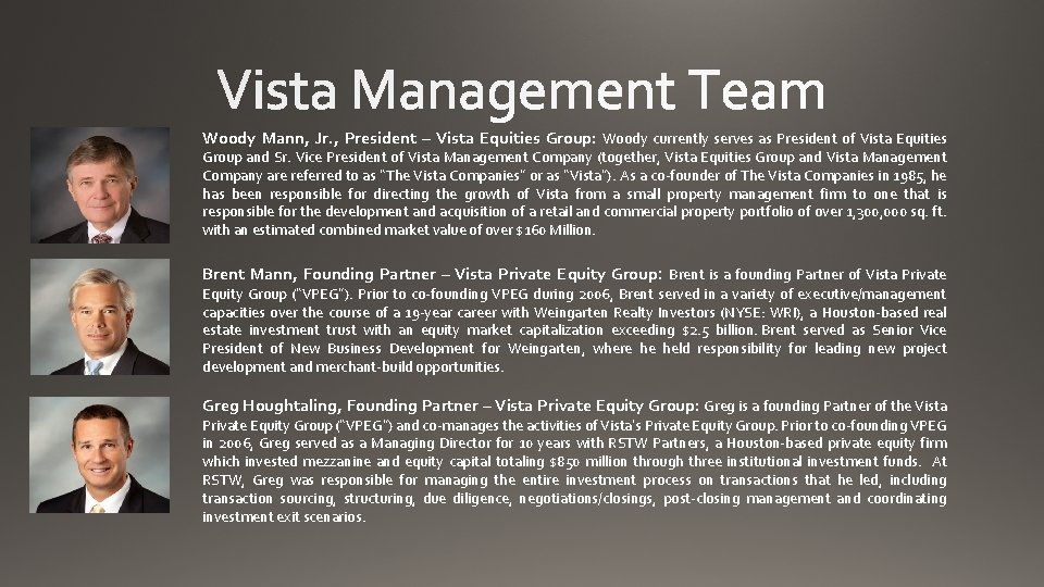 Woody Mann, Jr. , President – Vista Equities Group: Woody currently serves as President