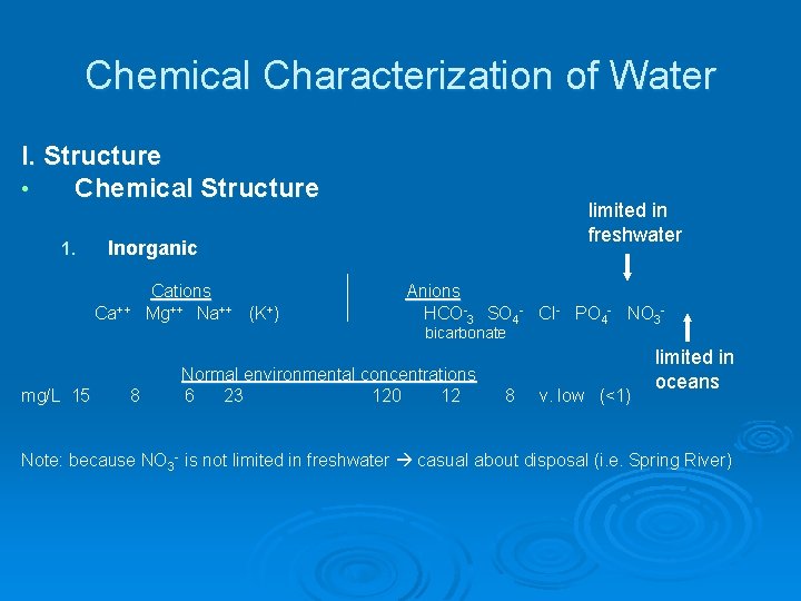 Chemical Characterization of Water I. Structure • Chemical Structure 1. limited in freshwater Inorganic