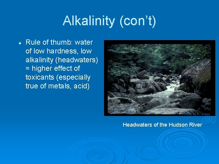 Alkalinity (con’t) l Rule of thumb: water of low hardness, low alkalinity (headwaters) =