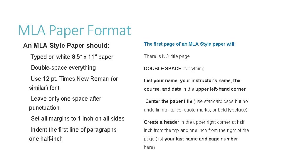 MLA Paper Format An MLA Style Paper should: The first page of an MLA