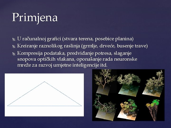 Primjena U računalnoj grafici (stvara terena, posebice planina) Kreiranje raznolikog raslinja (grmlje, drveće, busenje