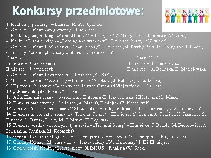 Konkursy przedmiotowe: 1. Konkurs j. polskiego – Laureat (M. Przybyliński) 2. Gminny Konkurs Ortograficzny