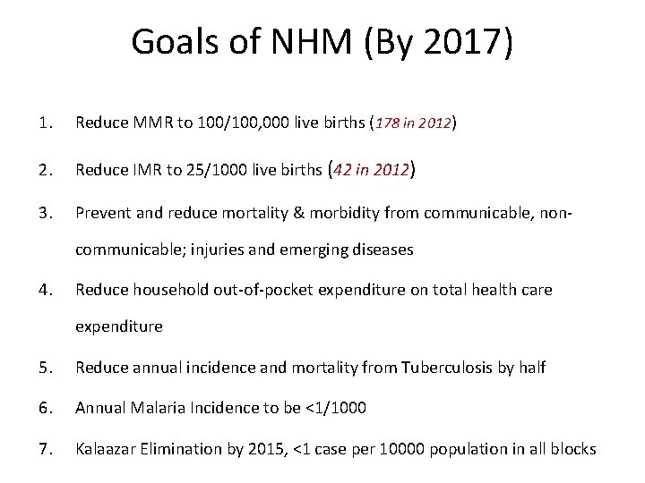 Goals of NHM (By 2017) 1. Reduce MMR to 100/100, 000 live births (178 Goals of NHM (By 2017) 1. Reduce MMR to 100/100, 000 live births (178
