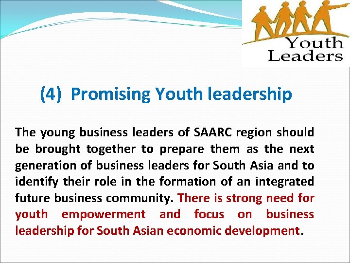 (4) Promising Youth leadership The young business leaders of SAARC region should be brought