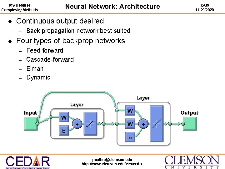 MS Defense Complexity Methods l Continuous output desired – l Neural Network: Architecture Back