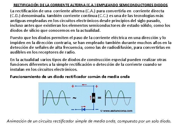 RECTIFICACIÓN DE LA CORRIENTE ALTERNA (C. A. ) EMPLEANDO SEMICONDUCTORES DIODOS La rectificación de RECTIFICACIÓN DE LA CORRIENTE ALTERNA (C. A. ) EMPLEANDO SEMICONDUCTORES DIODOS La rectificación de