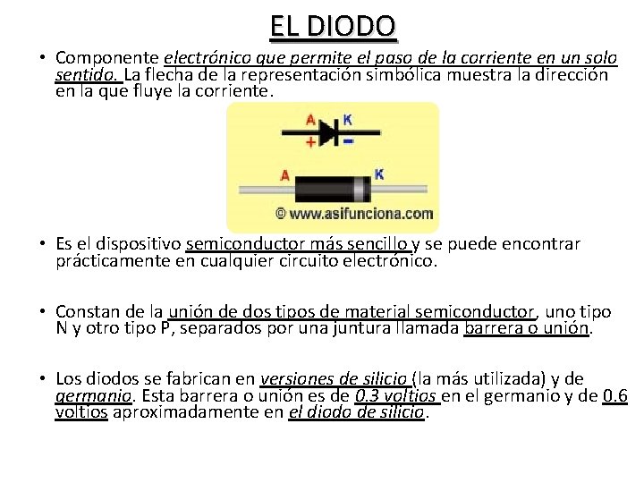 EL DIODO • Componente electrónico que permite el paso de la corriente en un EL DIODO • Componente electrónico que permite el paso de la corriente en un