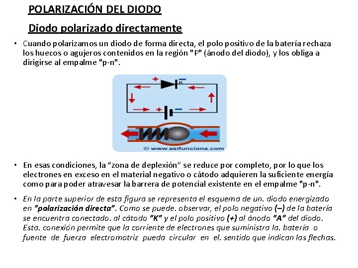 POLARIZACIÓN DEL DIODO Diodo polarizado directamente • Cuando polarizamos un diodo de forma directa, POLARIZACIÓN DEL DIODO Diodo polarizado directamente • Cuando polarizamos un diodo de forma directa,