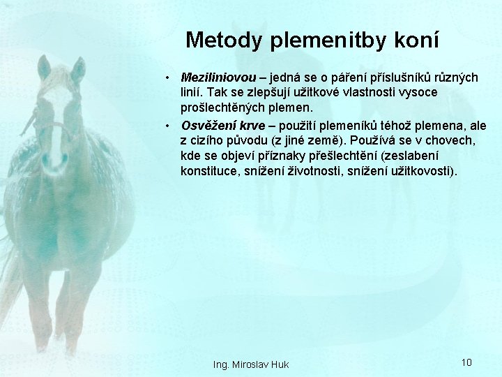 Metody plemenitby koní • Meziliniovou – jedná se o páření příslušníků různých linií. Tak