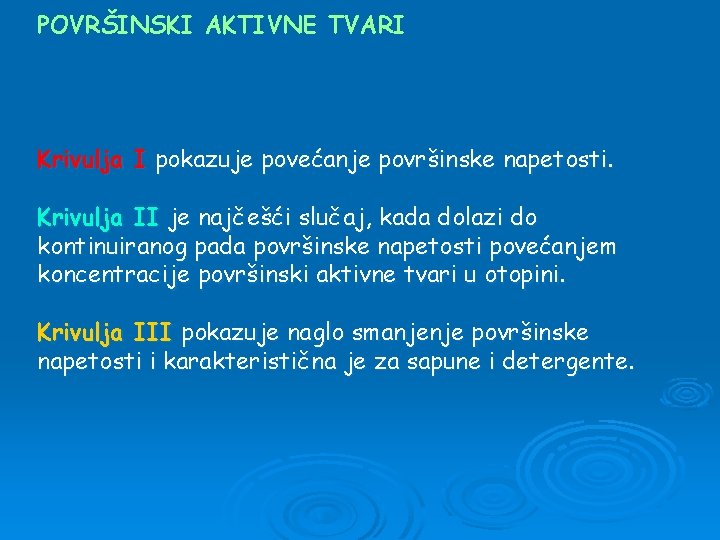 POVRŠINSKI AKTIVNE TVARI Krivulja I pokazuje povećanje površinske napetosti. Krivulja II je najčešći slučaj,