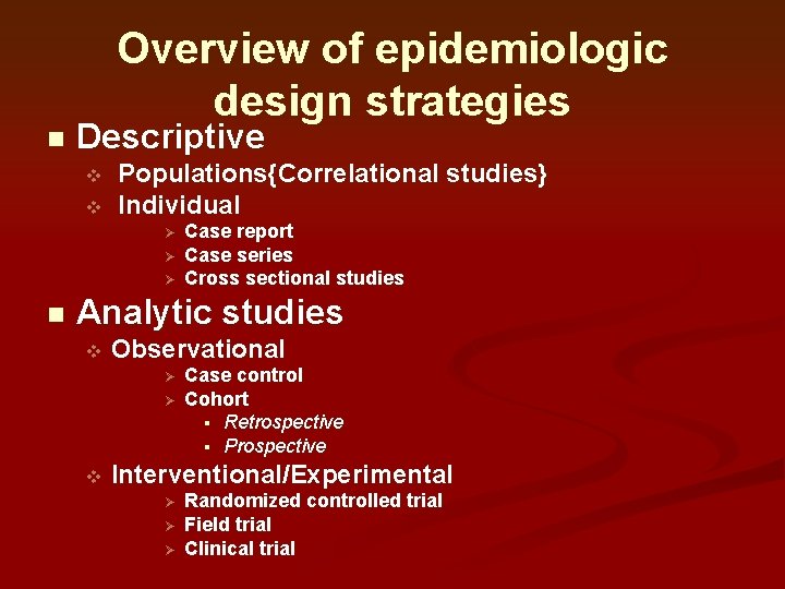 Overview of epidemiologic design strategies n Descriptive v v Populations{Correlational studies} Individual Ø Ø Overview of epidemiologic design strategies n Descriptive v v Populations{Correlational studies} Individual Ø Ø