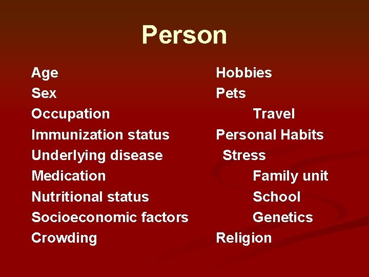 Person Age Sex Occupation Immunization status Underlying disease Medication Nutritional status Socioeconomic factors Crowding Person Age Sex Occupation Immunization status Underlying disease Medication Nutritional status Socioeconomic factors Crowding