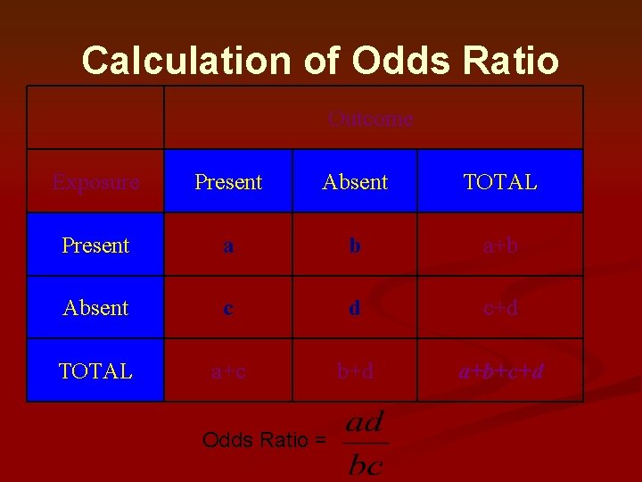 Calculation of Odds Ratio Outcome Exposure Present Absent TOTAL Present a b a+b Absent Calculation of Odds Ratio Outcome Exposure Present Absent TOTAL Present a b a+b Absent