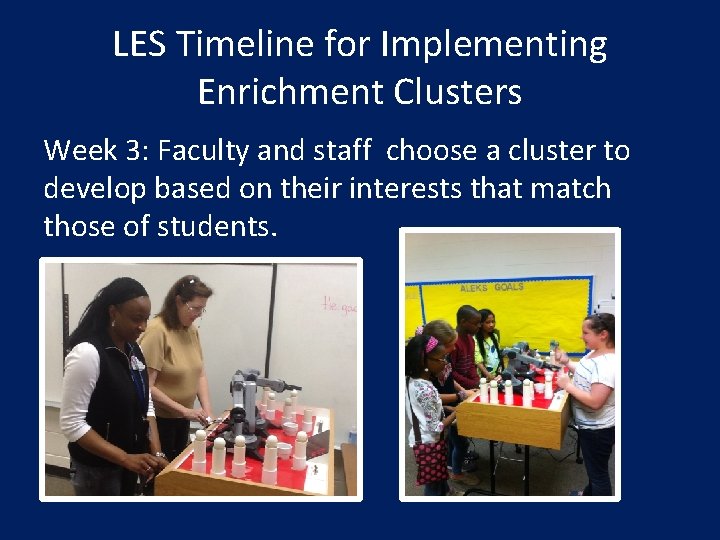 LES Timeline for Implementing Enrichment Clusters Week 3: Faculty and staff choose a cluster