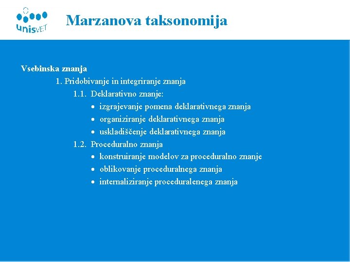 Marzanova taksonomija Vsebinska znanja 1. Pridobivanje in integriranje znanja 1. 1. Deklarativno znanje: ·